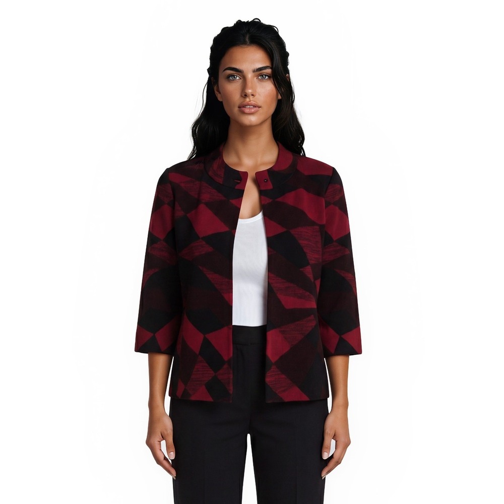 Ming Wang Knit Jacket Women's Size Medium Red Black Geometric Abstract Blazer